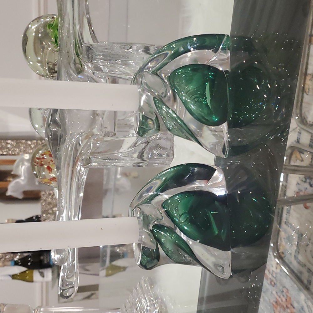 50's Val Saint Lambert Signed Glass Art Candle Holders 2 Pieces